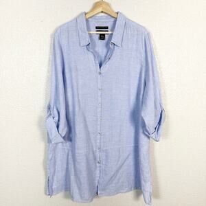 Tahari Womens Lagenlook Linen Button Down Roll Tab Sleeve Tunic Top Blue Size 2X